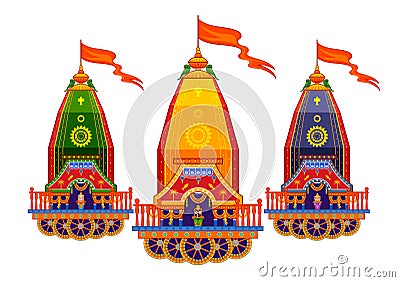 Lord Jagannath, Balabhadra and Subhadra on annual Rathayatra in Odisha festival background Vector Illustration