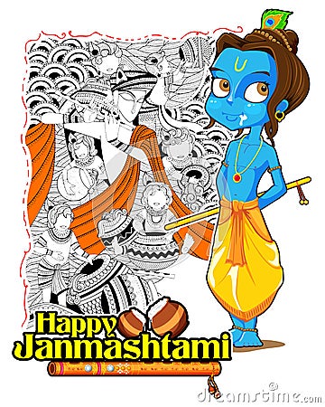 Lord Krishana in Happy Janmashtami Vector Illustration