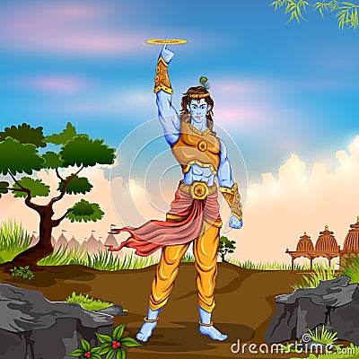 Lord Krishana holding Sudarshan Chakra in Happy Janmashtami Vector Illustration