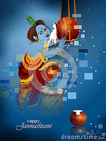 Lord Krishna eating makhan cream on Happy Janmashtami holiday Indian festival greeting background Vector Illustration