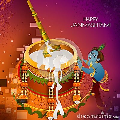 Lord Krishna eating makhan cream on Happy Janmashtami holiday Indian festival greeting background Vector Illustration