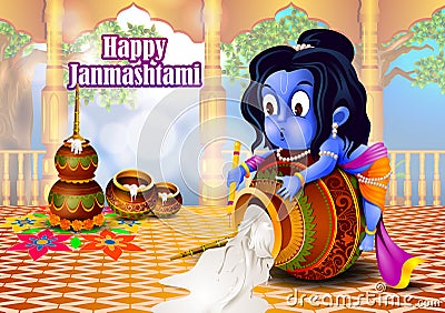 Lord Krishna eating makhan cream on Happy Janmashtami holiday Indian festival greeting background Vector Illustration