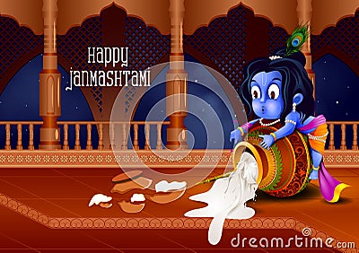 Lord Krishna eating makhan cream on Happy Janmashtami holiday Indian festival greeting background Vector Illustration