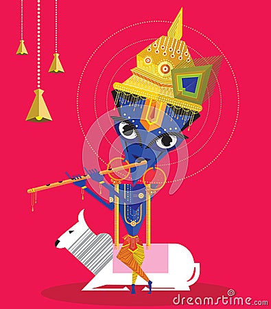 Lord Krishna enjoy playing flute Vector Illustration