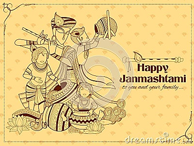 Lord Krishna with Hindi text meaning Happy Janmashtami festival of India Vector Illustration