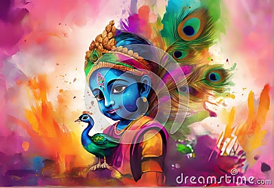 lord Krishna illustration of playing Holi, a Hindu festival Stock Photo