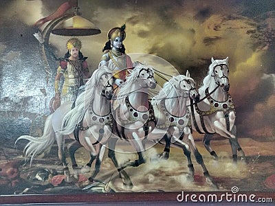 Lord of krishna painting with four horse and back seat Arjun yodha Editorial Stock Photo