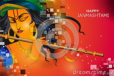 Lord Krishna playing flute on Happy Janmashtami holiday Indian festival greeting background Vector Illustration