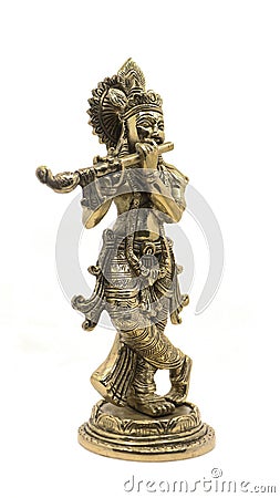 lord krishna playing flute shiny bronze statue Stock Photo