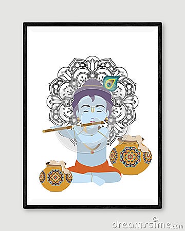 Lord Krishna playing the flute. Vector graphic illustration. Individually on a white background. Cartoon Illustration