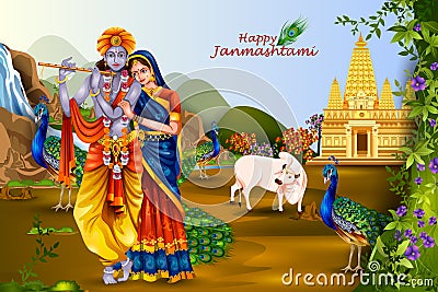 Lord Krishna and Radha on Happy Janmashtami background Vector Illustration