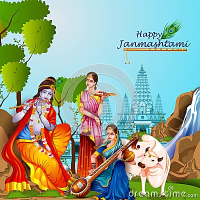 Lord Krishna and Radha on Happy Janmashtami background Vector Illustration