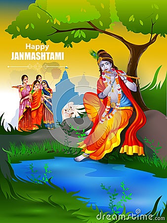 Lord Krishna and Radha on Happy Janmashtami background Vector Illustration