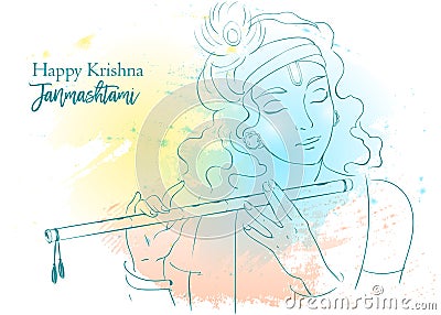 Lord Krishna vector Illustration. Happy Janmashtami, annual Hindu festival greetings. Line art portrait Vector Illustration