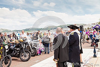 Lord Mayor addressing bikers at the end of The Motorcycle 3 day tour of Wales Editorial Stock Photo