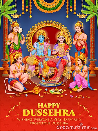 Lord Ram, Sita, Laxmana, Hanuman, Bharat and Shatrughna in Ram Darbar for Dussehra Navratri festival of India poster Vector Illustration