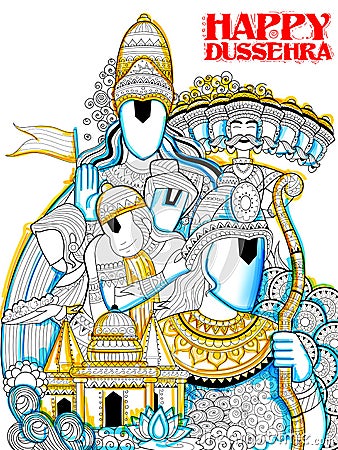 Lord Ram, Sita, Laxmana, Hanuman and Ravana in Dussehra Navratri festival of India poster Vector Illustration