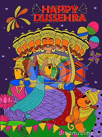 Lord Ram, Sita, Laxmana, Hanuman and Ravana in Dussehra Navratri festival of India poster Vector Illustration