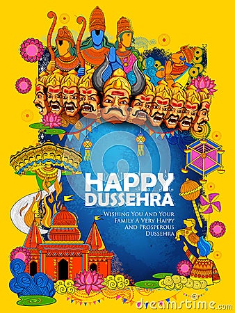 Lord Ram, Sita, Laxmana, Hanuman and Ravana in Dussehra Navratri festival of India poster Vector Illustration