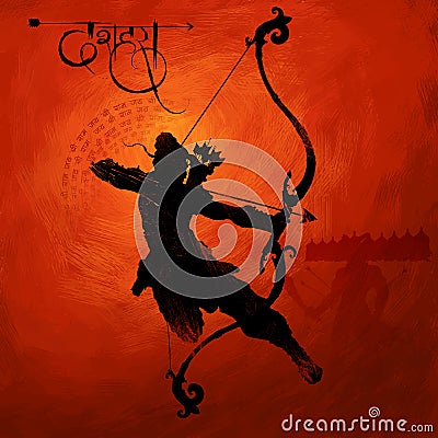 Lord Rama with arrow killing Ravana in Navratri festival of India poster with hindi text meaning Dussehra Vector Illustration