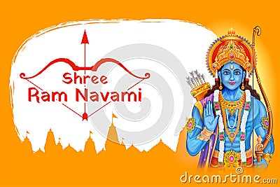 Lord Rama with bow arrow with Hindi text meaning Shree Ram Navami celebration background for religious holiday of India Cartoon Illustration