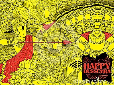 Lord Rama with bow arrow killing Ravan Vector Illustration