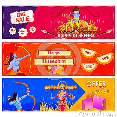 Lord Rama killing Ravana in Happy Dussehra festival offer Vector Illustration