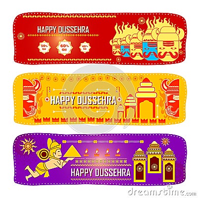 Lord Rama killing Ravana in Happy Dussehra festival offer Vector Illustration