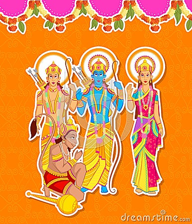 Lord Rama, Laxmana, Sita with Hanuman Vector Illustration