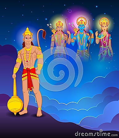 Lord Rama, Laxmana, Sita with Hanuman Vector Illustration