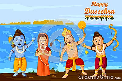 Lord Rama, Laxmana, Sita with Hanuman Vector Illustration