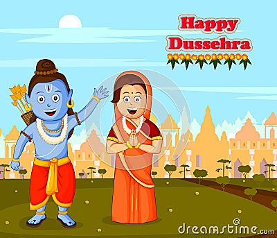 Lord Rama, Laxmana, Sita for Happy Dussehra background Vector Illustration