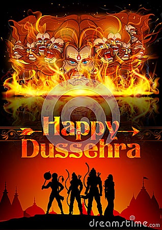 Lord Rama, Sita, Laxmana, Hanuman and Ravana in Dussehra poster Vector Illustration