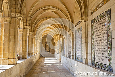 Lord`s Prayer in Internal passageway of church of the Pater Noster, Jerusalem, Israel Stock Photo