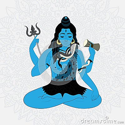 Lord Shiva. Hindu gods illustration. Indian Supreme God Shiva sitting in meditation. Cartoon Illustration