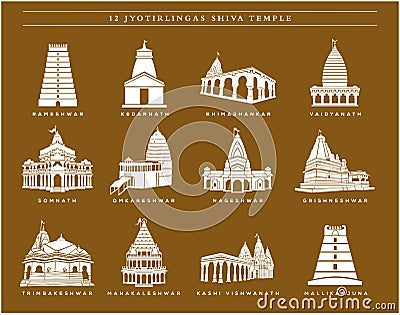 12 Lord Shiva Temples vector icon. 12 jyotirlingas temple. Shiv temples icon illustration Vector Illustration