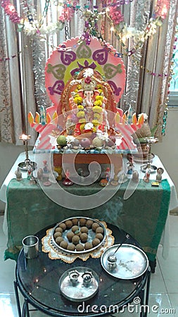 Lord Shree Ganesha at home with lighting decorations Stock Photo