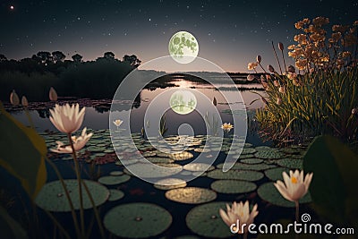 lorful Lake with Glowing Lily Pads and Moon Stock Photo