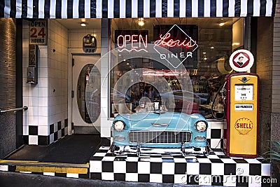 San Francisco, California, United States - circa 2016 - Lori`s Diner retro nostalgic cafe restaurant Editorial Stock Photo