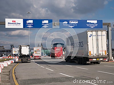 Lorries of freight arriving at the Stena Line roll on / roll off Liverpool to Belfast ferry Terminal in Birkenhead Editorial Stock Photo