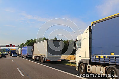 Lorry jam before customs clearance at the border Germany - Switzerland Stock Photo