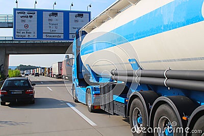 Lorry jam before customs clearance (Motorway A5, border Germany - Switzerland) Stock Photo