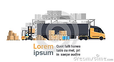 Lorry Loading With Forklift, Cargo Container Truck Warehouse Building. Shipping And Transportation Concept Vector Illustration