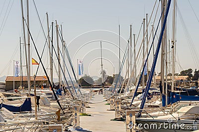 LOS ALCAZARES, SPAIN - FEBRUARY 25, 2019 Nice boats in a small marina in a seaside town, Mas Menor, Spain Editorial Stock Photo