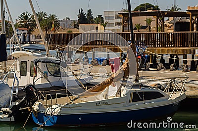 LOS ALCAZARES, SPAIN - FEBRUARY 25, 2019 Nice boats in a small marina in a seaside town, Mas Menor, Spain Editorial Stock Photo