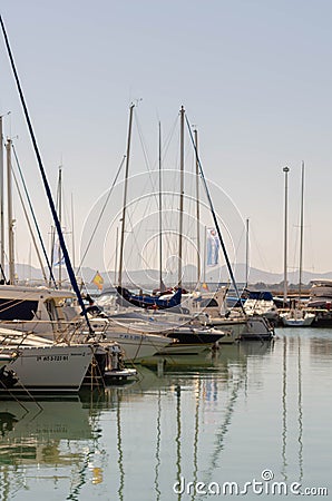 LOS ALCAZARES, SPAIN - FEBRUARY 25, 2019 Nice boats in a small marina in a seaside town, Mas Menor, Spain Editorial Stock Photo