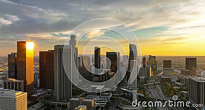 Los angeles aerial view with drone. Los Angeles downtown. California theme with LA background. Los Angels city center. Stock Photo
