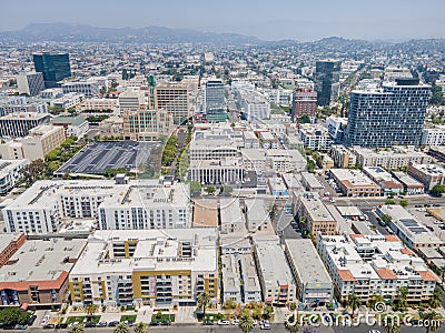 Los Angeles, CA, LA County, June 2, 2021: Aerial View of LA Koreatown with Wilshire Blvd, Vermont St, 7th St around Bullocks, hist Stock Photo