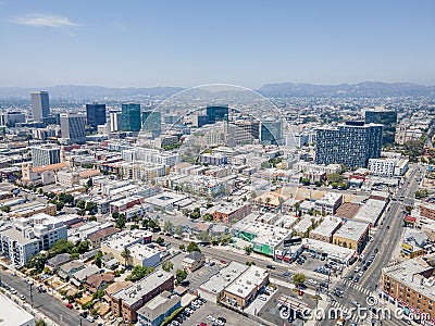 Los Angeles, CA, LA County, June 2, 2021: Aerial View of LA Koreatown with Wilshire Blvd, Vermont St, 7th St around Bullocks, hist Stock Photo