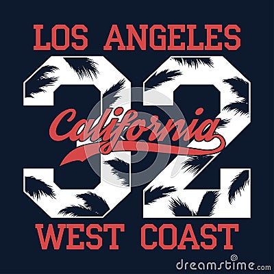 Los Angeles, California - number print for t-shirt with palm tree leaf. West Coast typography graphic for apparel, clothes. Vector Vector Illustration